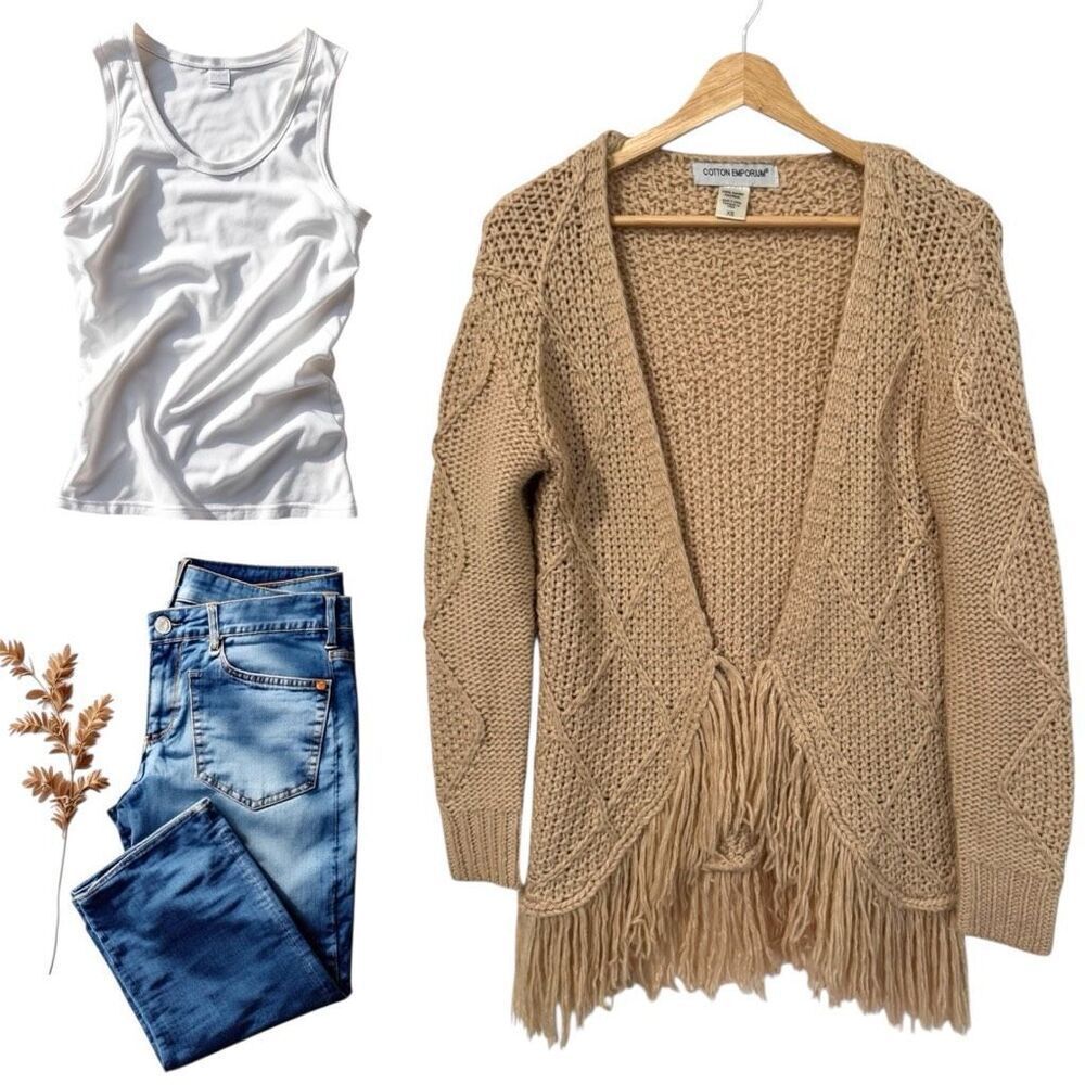 Cotton Emporium Beige Open Front Cardigan Fringe Knit Size XS